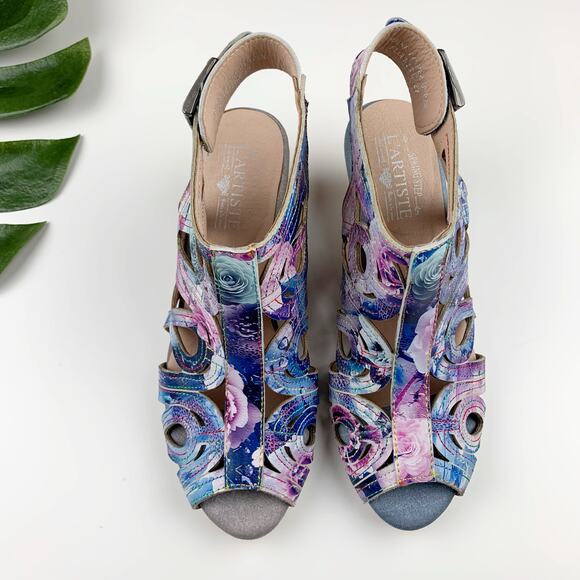 Spring Step L'Artiste Flourisha Caged Sandals Heels Blue Pink Womens 37 US 6.5 7 - Picture 2 of 11
